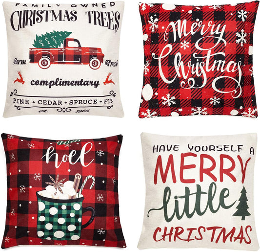 Christmas Throw Pillow Covers 18X18 Inch Set of 4 Farmhouse Christmas Tree Red Buffalo Plaid Check Pillow Covers Winter Holiday Decorative Pillowcase Cotton Linen Farmhouse Cushion Case for Sofa Couch