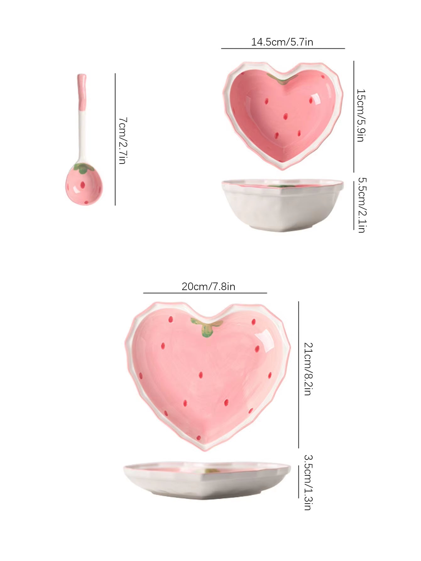 3Pcs Strawberry Bowl Spoon Plate Set Beautiful Girl Heart Bowl Salad Bowl Dessert Household Tableware